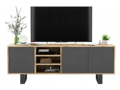 Hot Móvel de TV com 3 portas e 1 nicho - corpo carvalho wotan frentes grafite mate - 150 cm, pés de metal Cinzento
