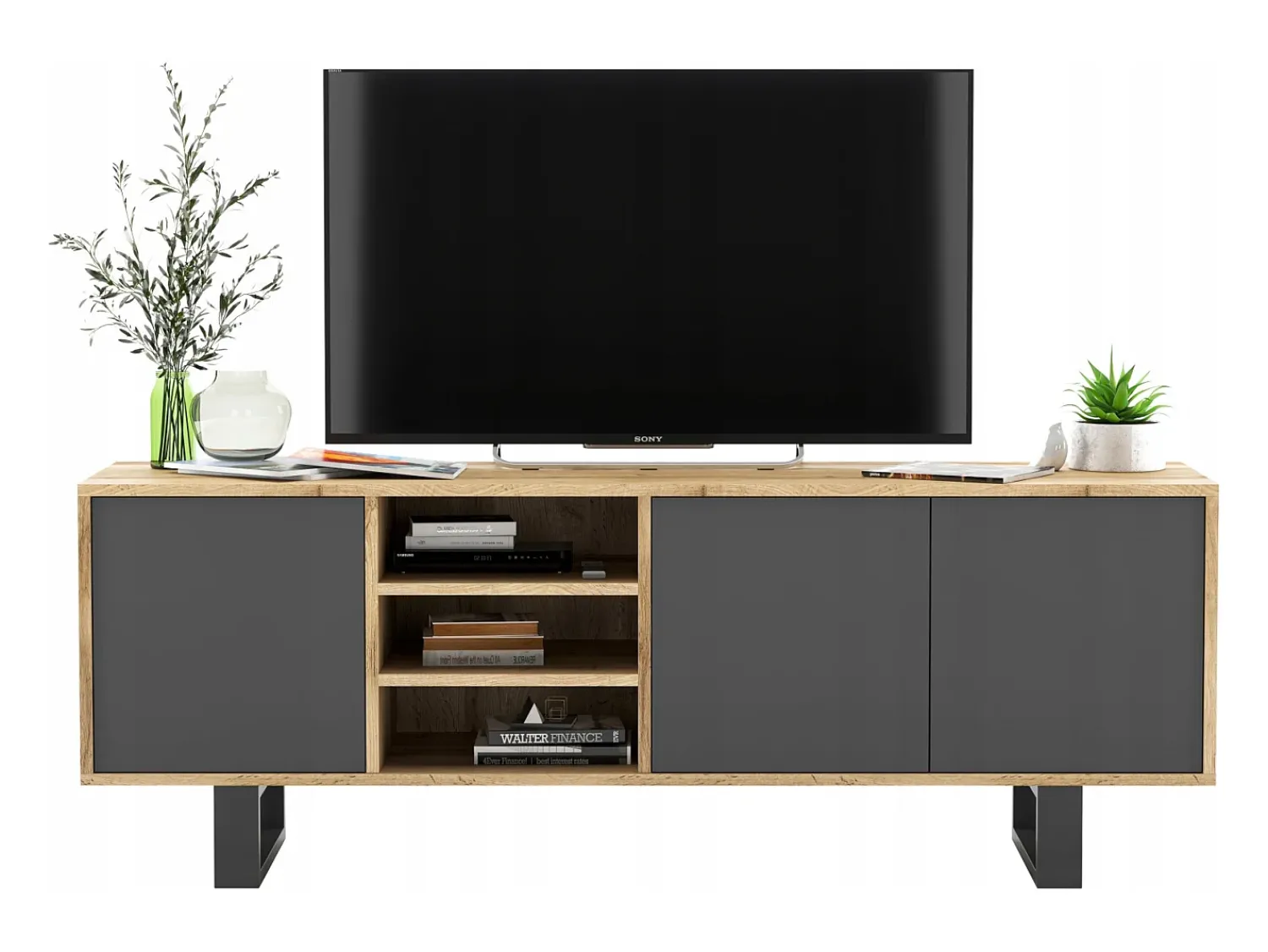 Hot Móvel de TV com 3 portas e 1 nicho - corpo carvalho wotan frentes grafite mate - 150 cm, pés de metal Cinzento