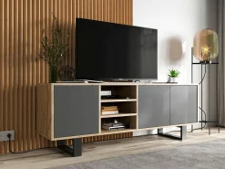 Hot Móvel de TV com 3 portas e 1 nicho - corpo carvalho wotan frentes grafite mate - 150 cm, pés de metal Cinzento