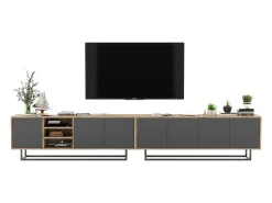 Outlet Móvel de TV com 7 portas e 1 nicho – corpo carvalho wotan, frentes grafite mate – 300 cm, estrutura metálica Cinzento