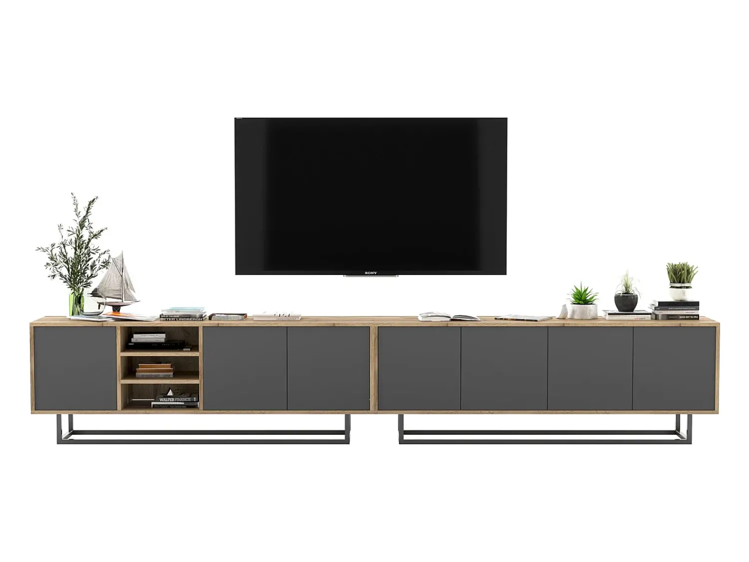 Outlet Móvel de TV com 7 portas e 1 nicho – corpo carvalho wotan, frentes grafite mate – 300 cm, estrutura metálica Cinzento