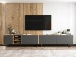 Outlet Móvel de TV com 7 portas e 1 nicho – corpo carvalho wotan, frentes grafite mate – 300 cm, estrutura metálica Cinzento