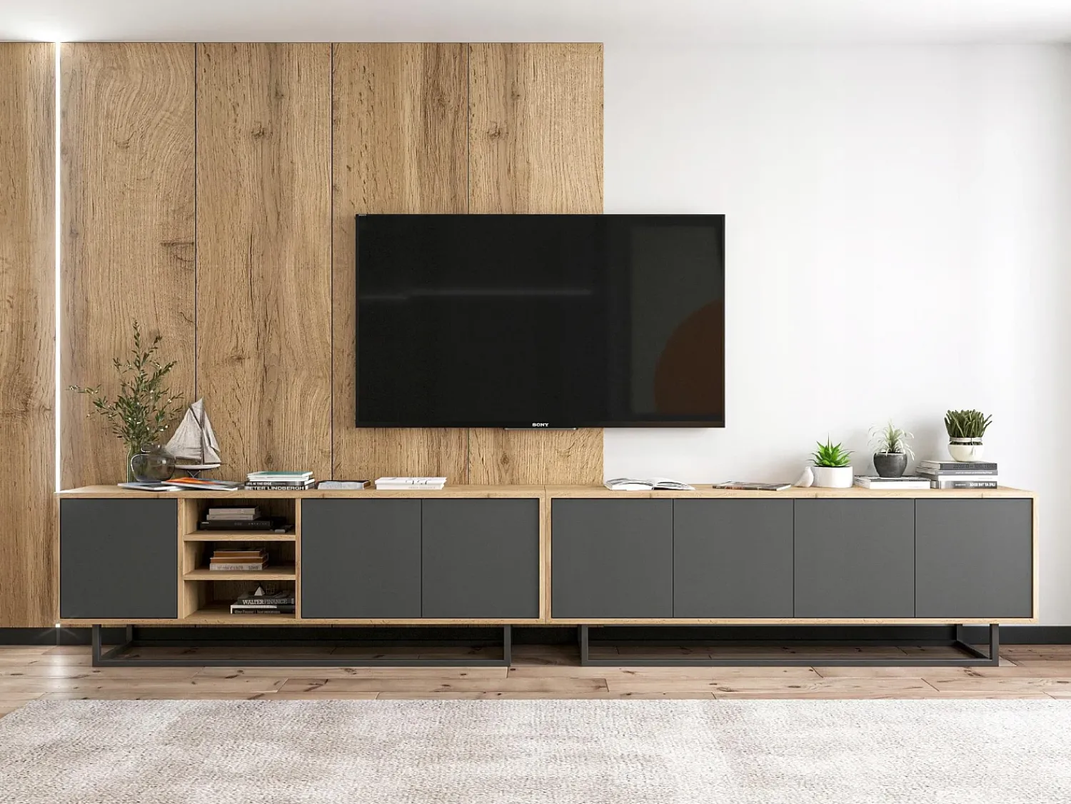 Outlet Móvel de TV com 7 portas e 1 nicho – corpo carvalho wotan, frentes grafite mate – 300 cm, estrutura metálica Cinzento