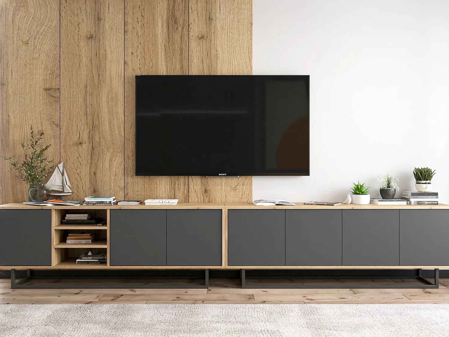 Outlet Móvel de TV com 7 portas e 1 nicho – corpo carvalho wotan, frentes grafite mate – 300 cm, estrutura metálica Cinzento