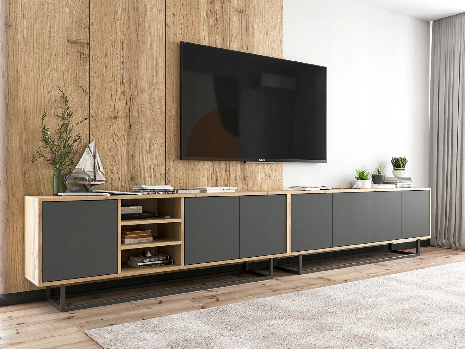Outlet Móvel de TV com 7 portas e 1 nicho – corpo carvalho wotan, frentes grafite mate – 300 cm, estrutura metálica Cinzento