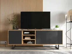 Best Móvel de TV com 3 portas e 1 nicho - corpo carvalho wotan, frentes mate - 150 cm, estrutura metálica Preto