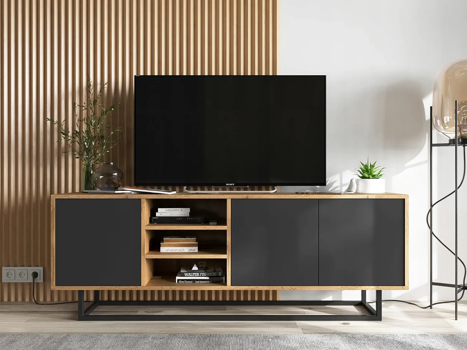 Best Móvel de TV com 3 portas e 1 nicho - corpo carvalho wotan, frentes mate - 150 cm, estrutura metálica Preto