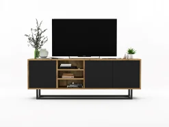 Best Móvel de TV com 3 portas e 1 nicho - corpo carvalho wotan, frentes mate - 150 cm, estrutura metálica Preto
