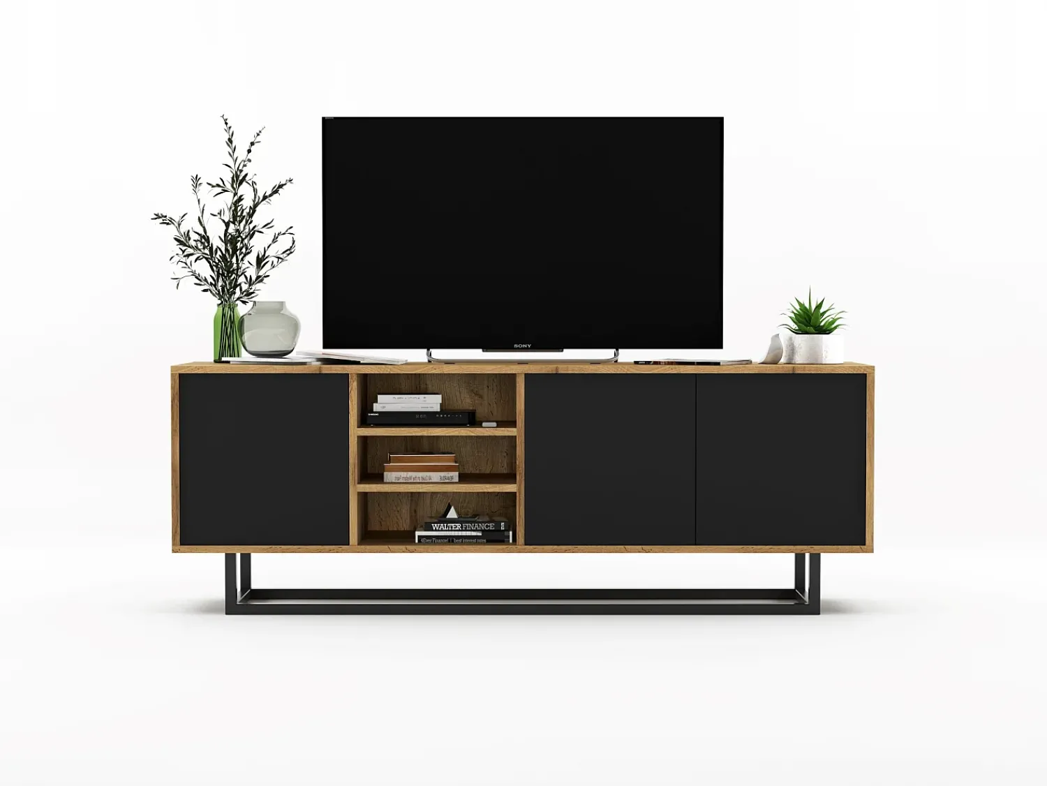 Best Móvel de TV com 3 portas e 1 nicho - corpo carvalho wotan, frentes mate - 150 cm, estrutura metálica Preto