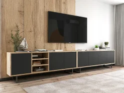 Best Móvel de TV com 3 portas e 1 nicho - corpo carvalho wotan, frentes mate - 150 cm, estrutura metálica Preto