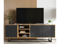 Best Móvel de TV com 3 portas e 1 nicho - corpo carvalho wotan, frentes mate - 150 cm, estrutura metálica Preto