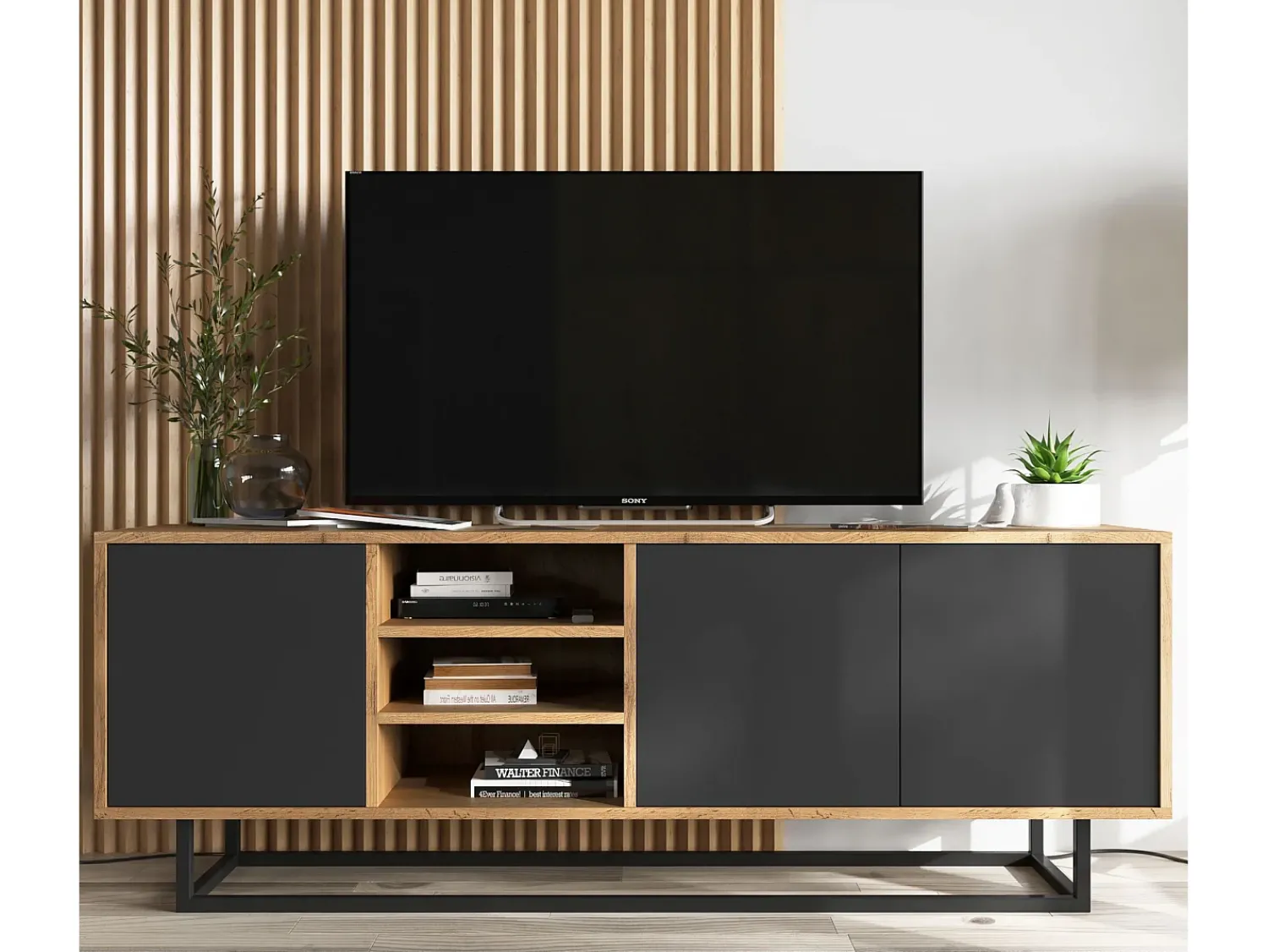Best Móvel de TV com 3 portas e 1 nicho - corpo carvalho wotan, frentes mate - 150 cm, estrutura metálica Preto