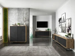 Best Móvel de TV com 3 portas e 1 nicho - corpo carvalho wotan, frentes mate - 150 cm, estrutura metálica Preto