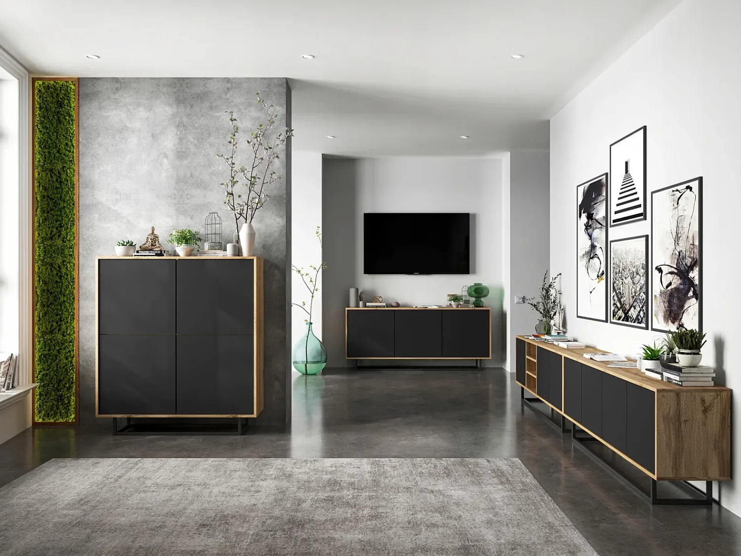 Best Móvel de TV com 3 portas e 1 nicho - corpo carvalho wotan, frentes mate - 150 cm, estrutura metálica Preto