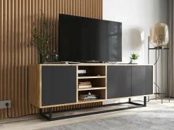 Best Móvel de TV com 3 portas e 1 nicho - corpo carvalho wotan, frentes mate - 150 cm, estrutura metálica Preto