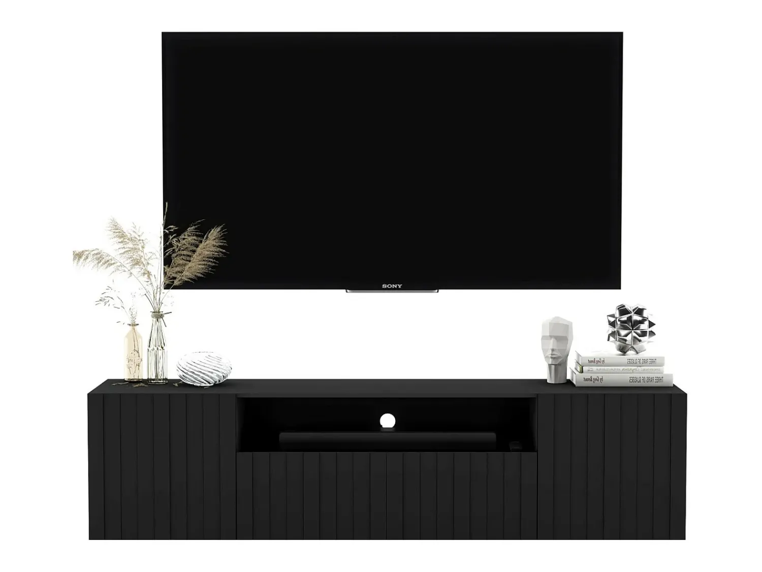 Móvel de TV com 3 portas e nicho – Corpo mate, frentes ranhuradas mate – 150 cm^ Móvel De Tv