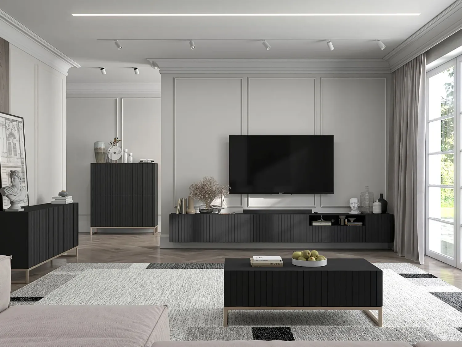 Móvel de TV com 3 portas e nicho – Corpo mate, frentes ranhuradas mate – 150 cm^ Móvel De Tv