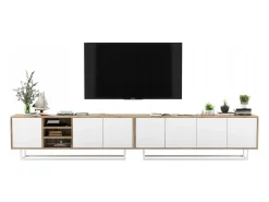 Clearance Móvel de TV com 7 portas e 1 nicho - estrutura carvalho wotan frentes mate - 300 cm, estrutura metálica Branco