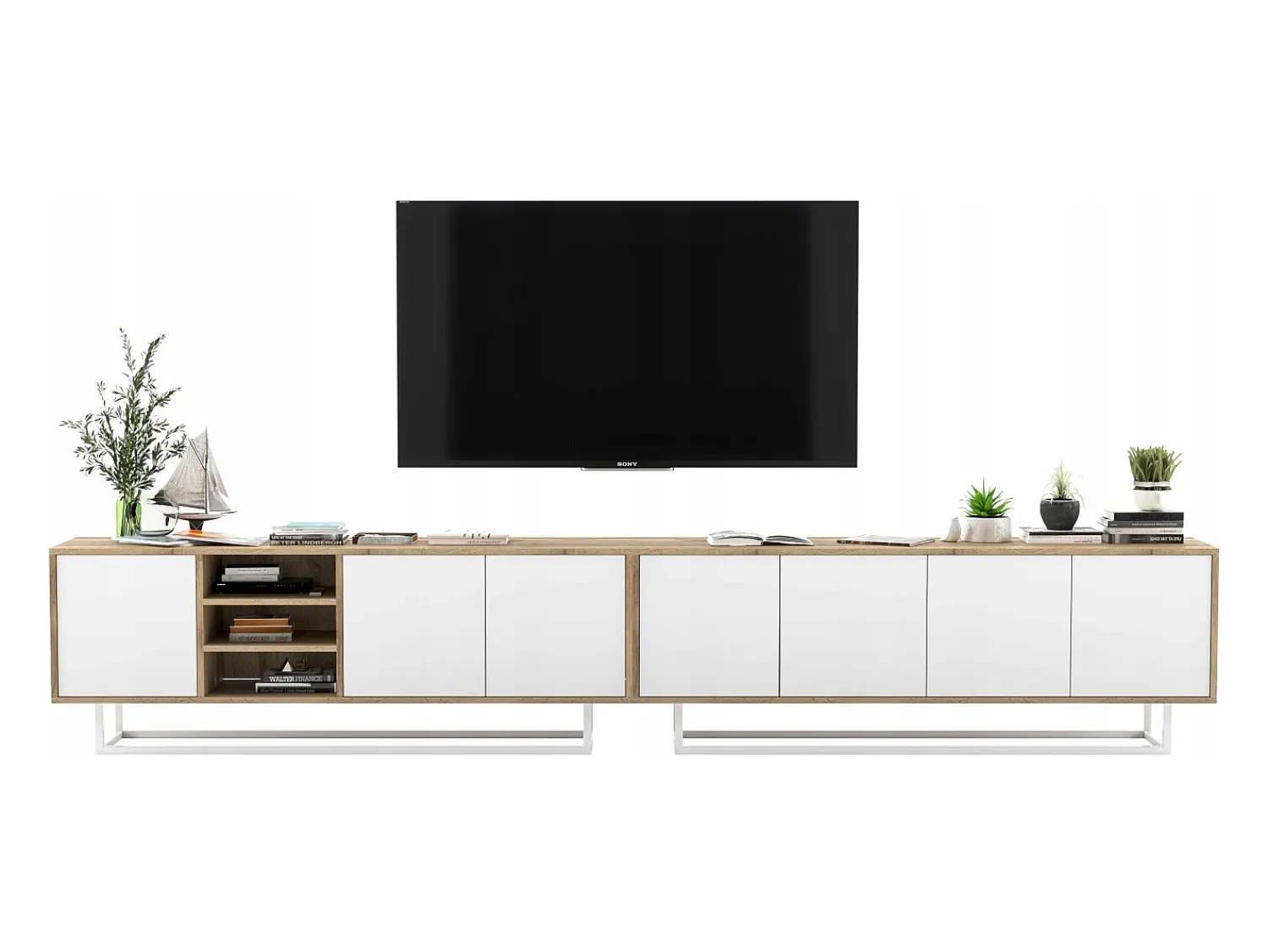 Clearance Móvel de TV com 7 portas e 1 nicho - estrutura carvalho wotan frentes mate - 300 cm, estrutura metálica Branco