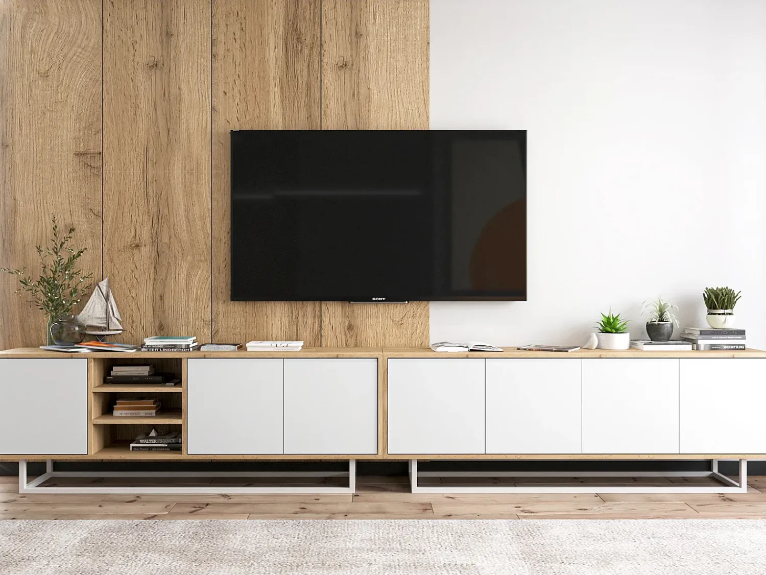 Clearance Móvel de TV com 7 portas e 1 nicho - estrutura carvalho wotan frentes mate - 300 cm, estrutura metálica Branco