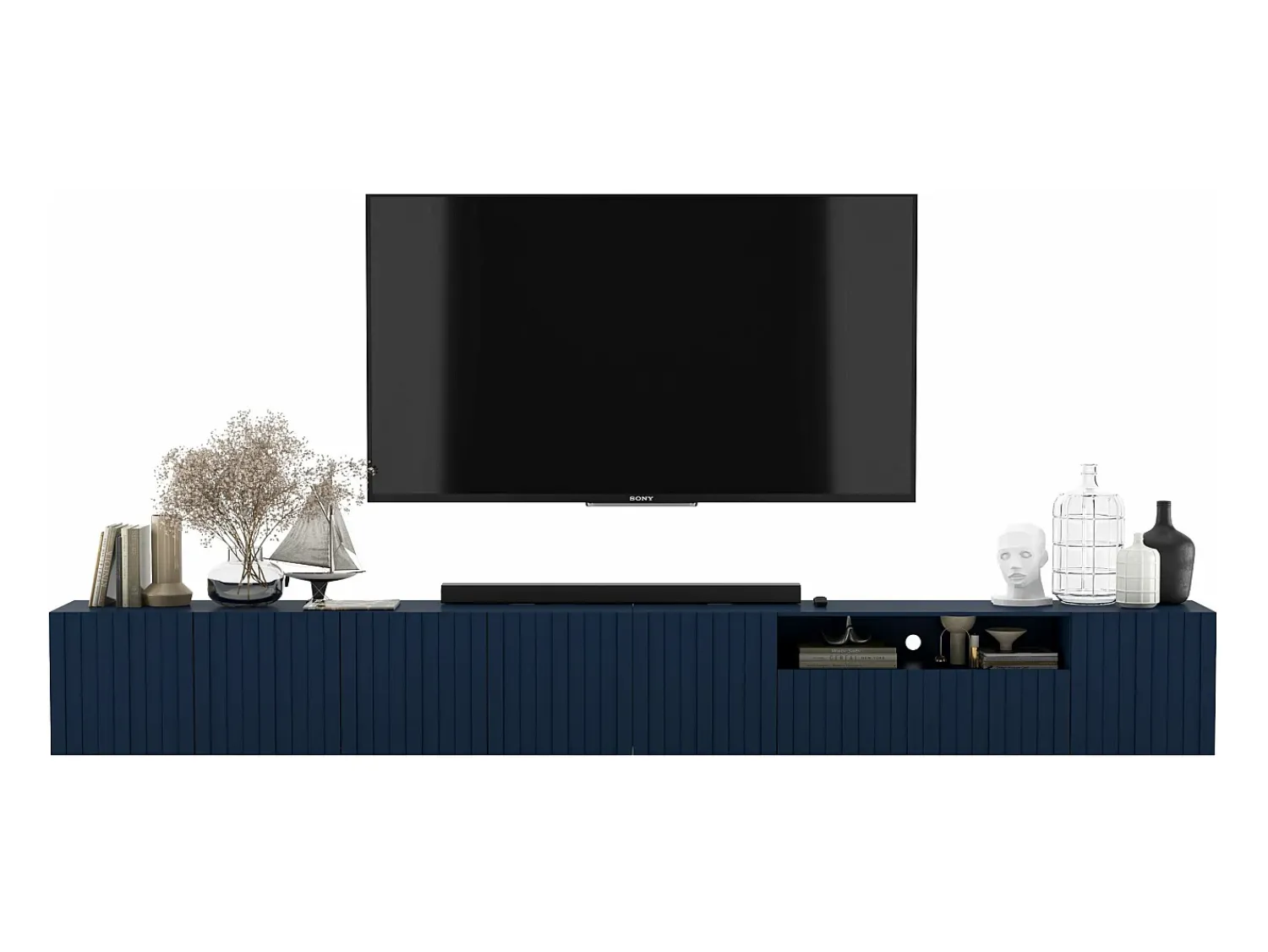 New Móvel de TV com 7 portas e nicho – corpo -marinho mate, frentes caneladas -marinho mate – 300 cm Azul