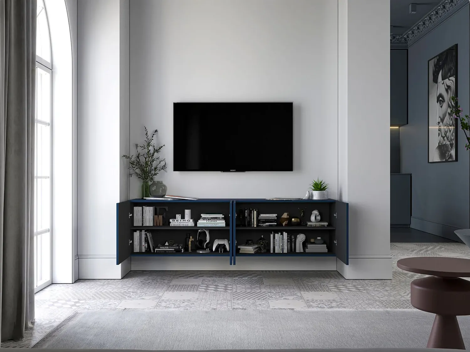 New Móvel de TV com 7 portas e nicho – corpo -marinho mate, frentes caneladas -marinho mate – 300 cm Azul