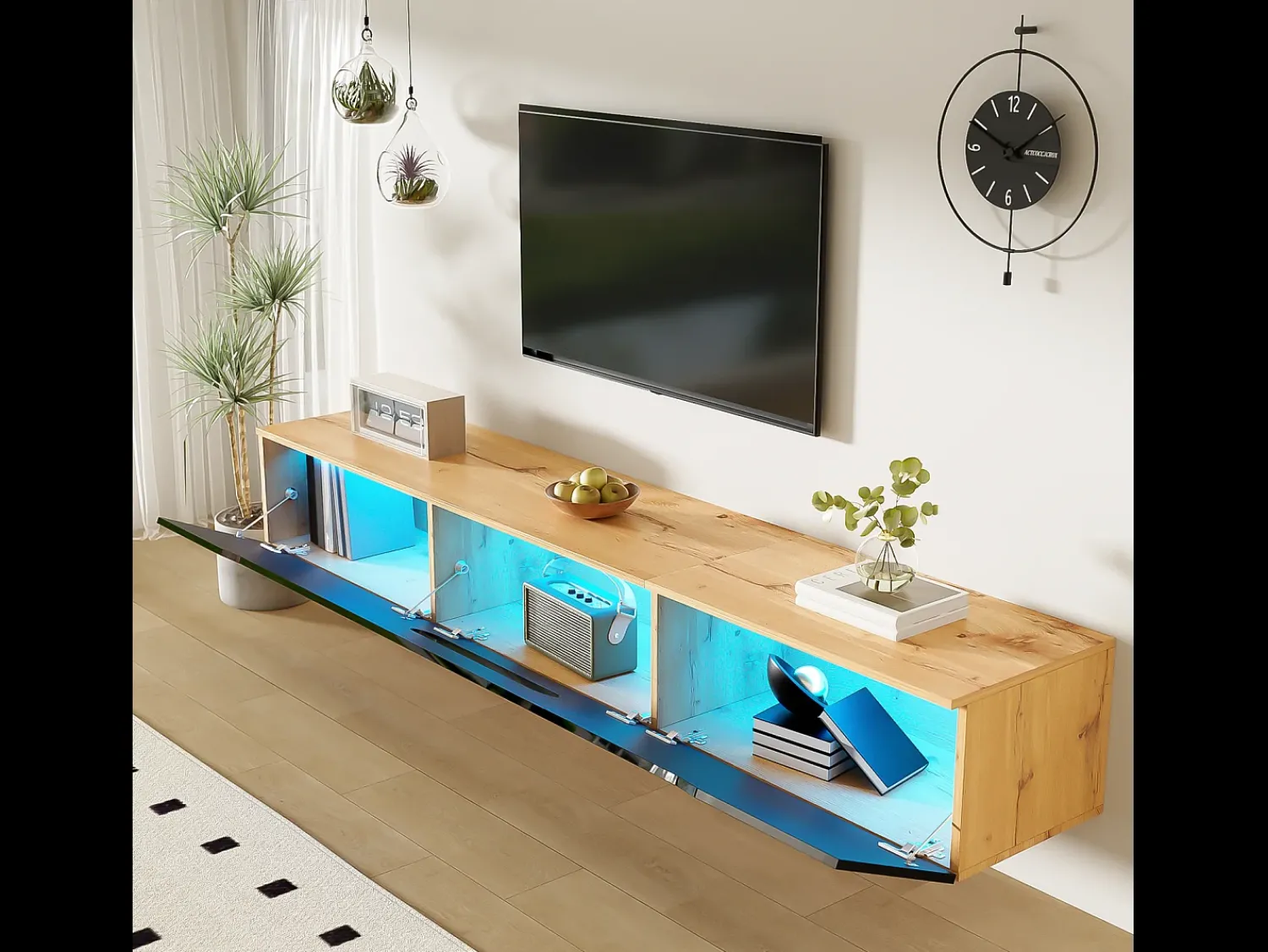 Móvel De Tv* Móvel de TV com 3 portas e 16 LEDs coloridos, Móvel de TV de parede para sala de estar em madeira, + madeira Preto