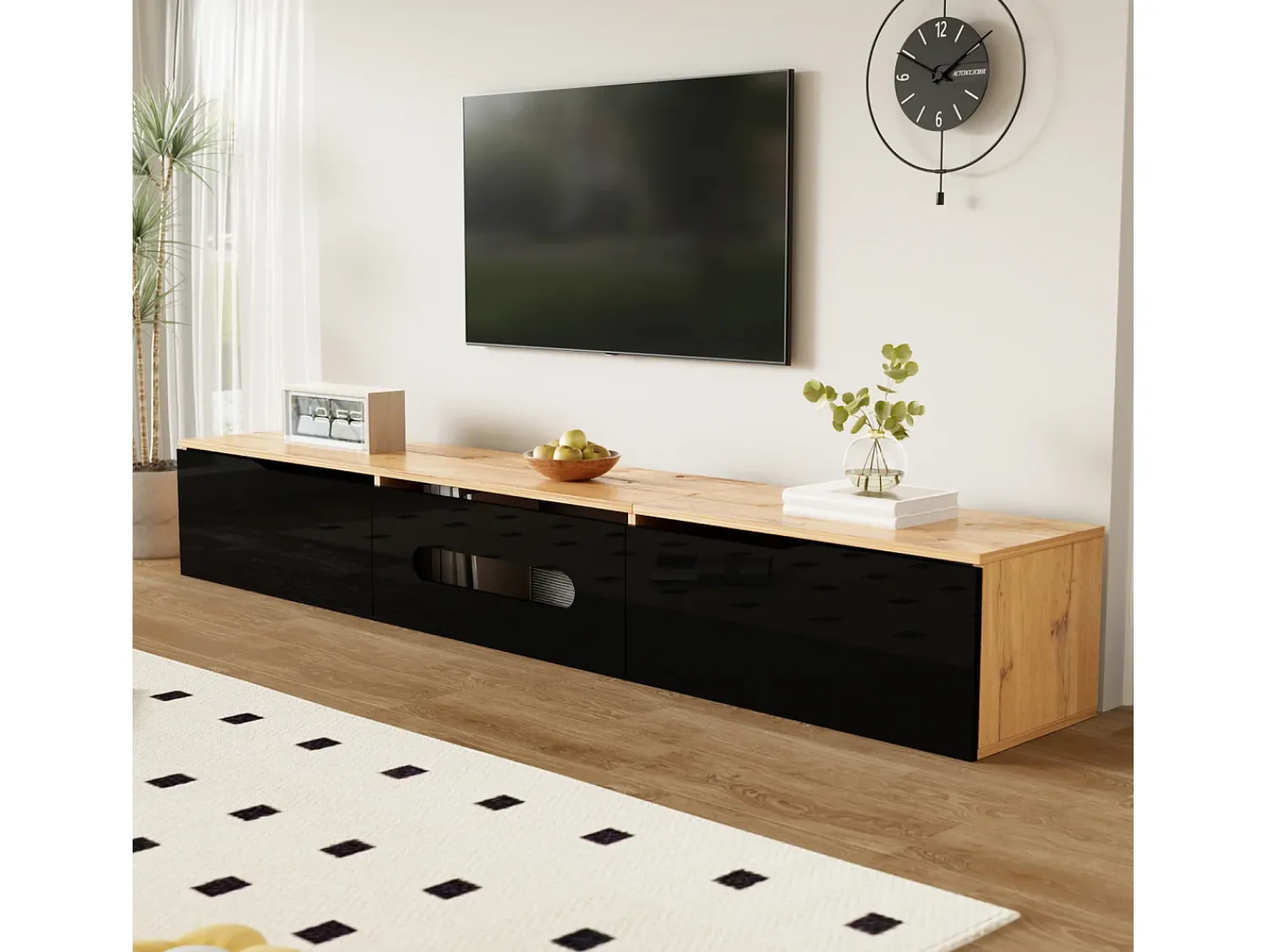 Móvel De Tv* Móvel de TV com 3 portas e 16 LEDs coloridos, Móvel de TV de parede para sala de estar em madeira, + madeira Preto