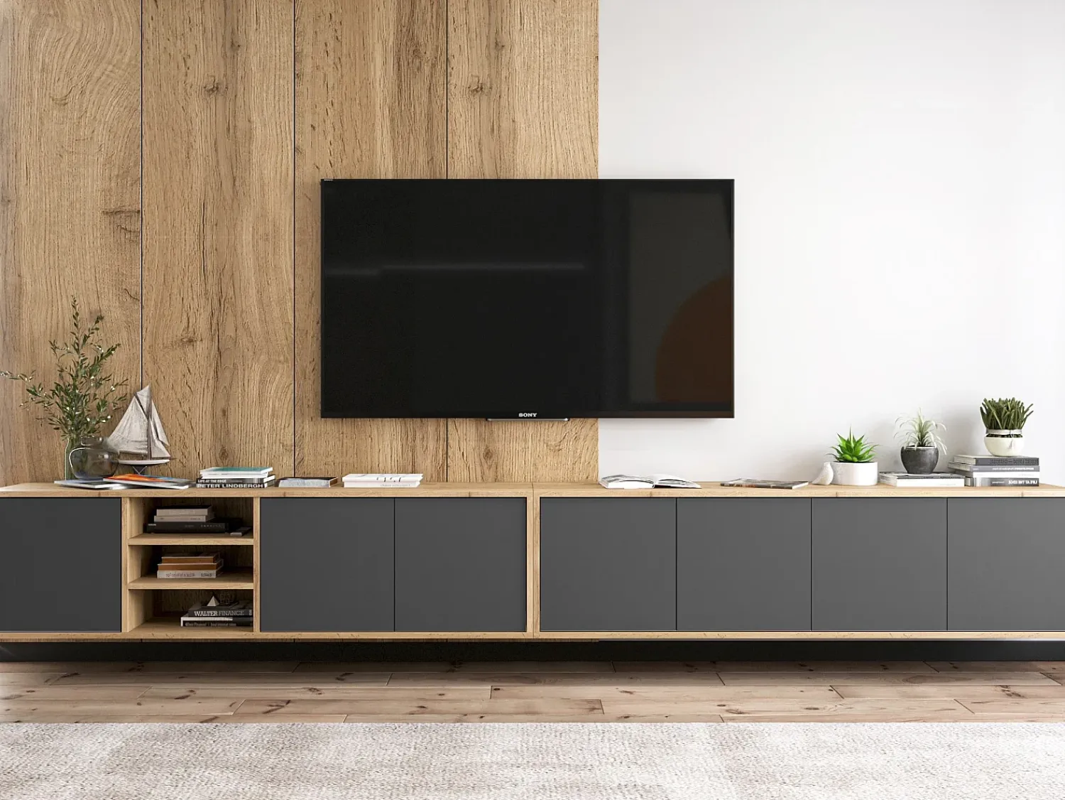 Móvel De Tv* Móvel de TV com 7 portas e 1 nicho – estrutura em carvalho Wotan, frentes grafite mate – 300 cm Cinzento