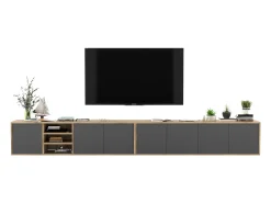 Móvel De Tv* Móvel de TV com 7 portas e 1 nicho – estrutura em carvalho Wotan, frentes grafite mate – 300 cm Cinzento