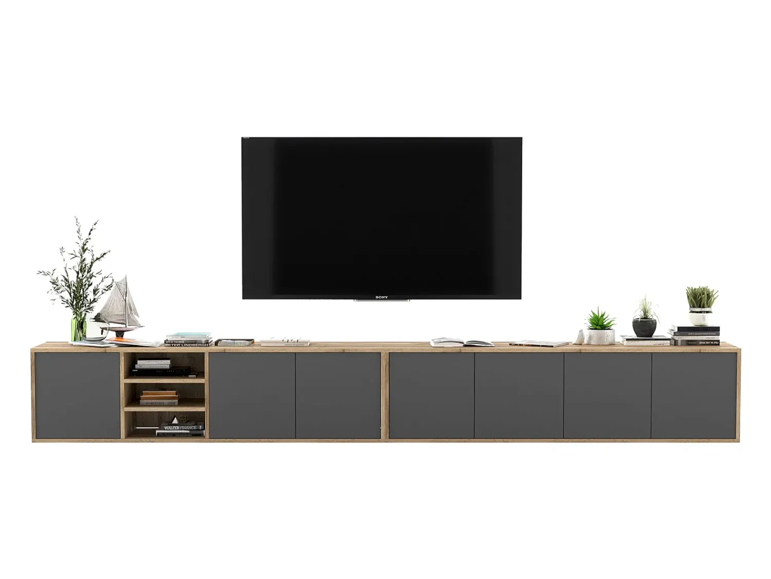 Móvel De Tv* Móvel de TV com 7 portas e 1 nicho – estrutura em carvalho Wotan, frentes grafite mate – 300 cm Cinzento