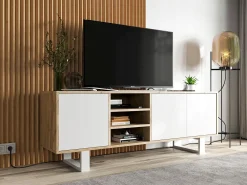Clearance Móvel de TV com 3 portas e 1 nicho - corpo carvalho wotan frentes mate - 150 cm, pés de metal Branco