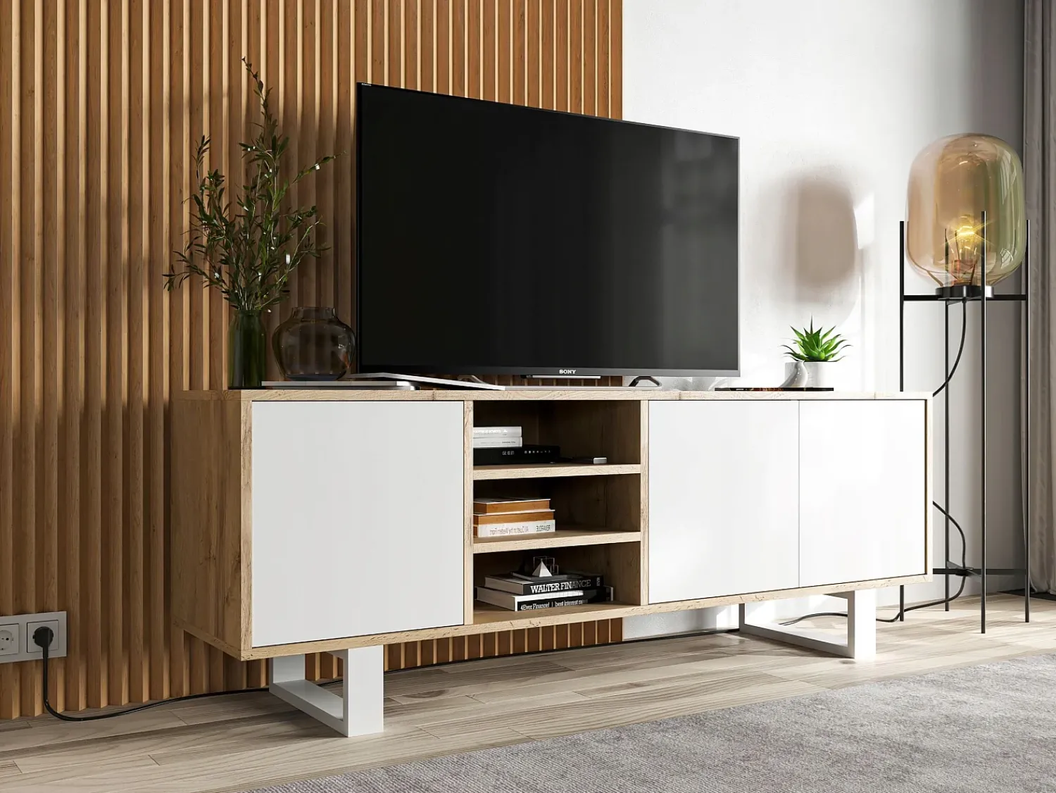 Clearance Móvel de TV com 3 portas e 1 nicho - corpo carvalho wotan frentes mate - 150 cm, pés de metal Branco