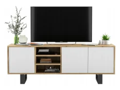 Clearance Móvel de TV com 3 portas e 1 nicho - corpo carvalho wotan frentes mate - 150 cm, pés de metal Branco