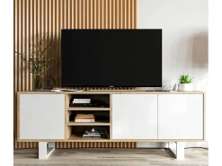 Clearance Móvel de TV com 3 portas e 1 nicho - corpo carvalho wotan frentes mate - 150 cm, pés de metal Branco