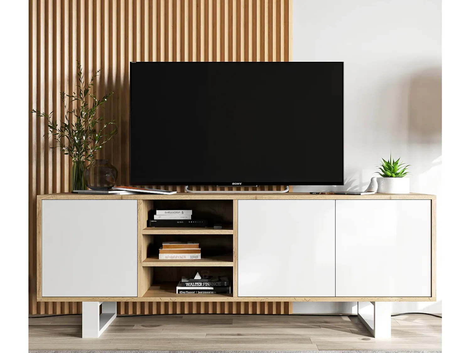 Clearance Móvel de TV com 3 portas e 1 nicho - corpo carvalho wotan frentes mate - 150 cm, pés de metal Branco