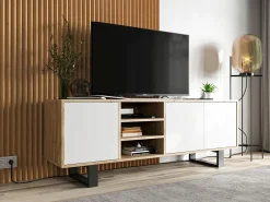 Clearance Móvel de TV com 3 portas e 1 nicho - corpo carvalho wotan frentes mate - 150 cm, pés de metal Branco