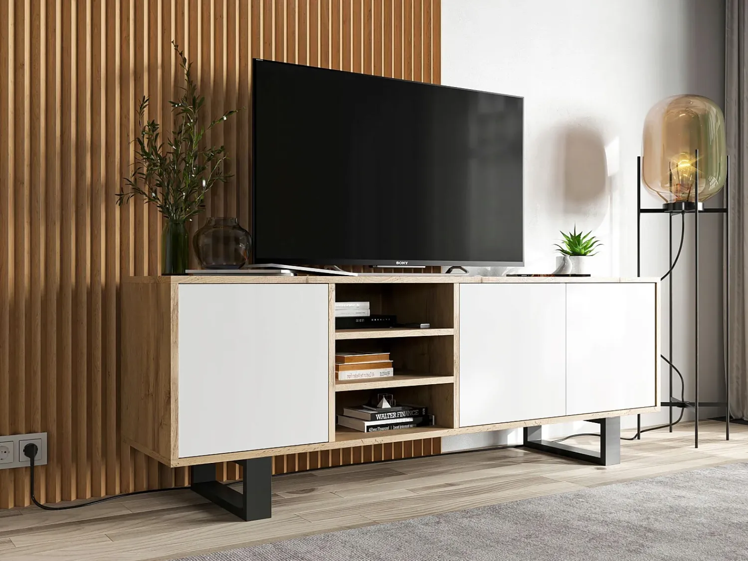 Clearance Móvel de TV com 3 portas e 1 nicho - corpo carvalho wotan frentes mate - 150 cm, pés de metal Branco