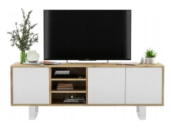 Clearance Móvel de TV com 3 portas e 1 nicho - corpo carvalho wotan frentes mate - 150 cm, pés de metal Branco
