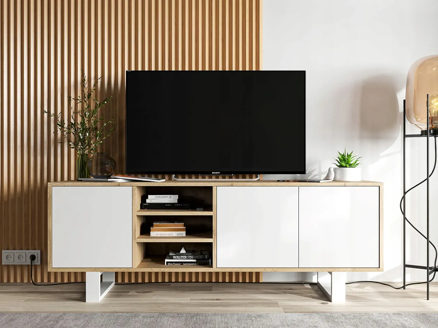 Clearance Móvel de TV com 3 portas e 1 nicho - corpo carvalho wotan frentes mate - 150 cm, pés de metal Branco