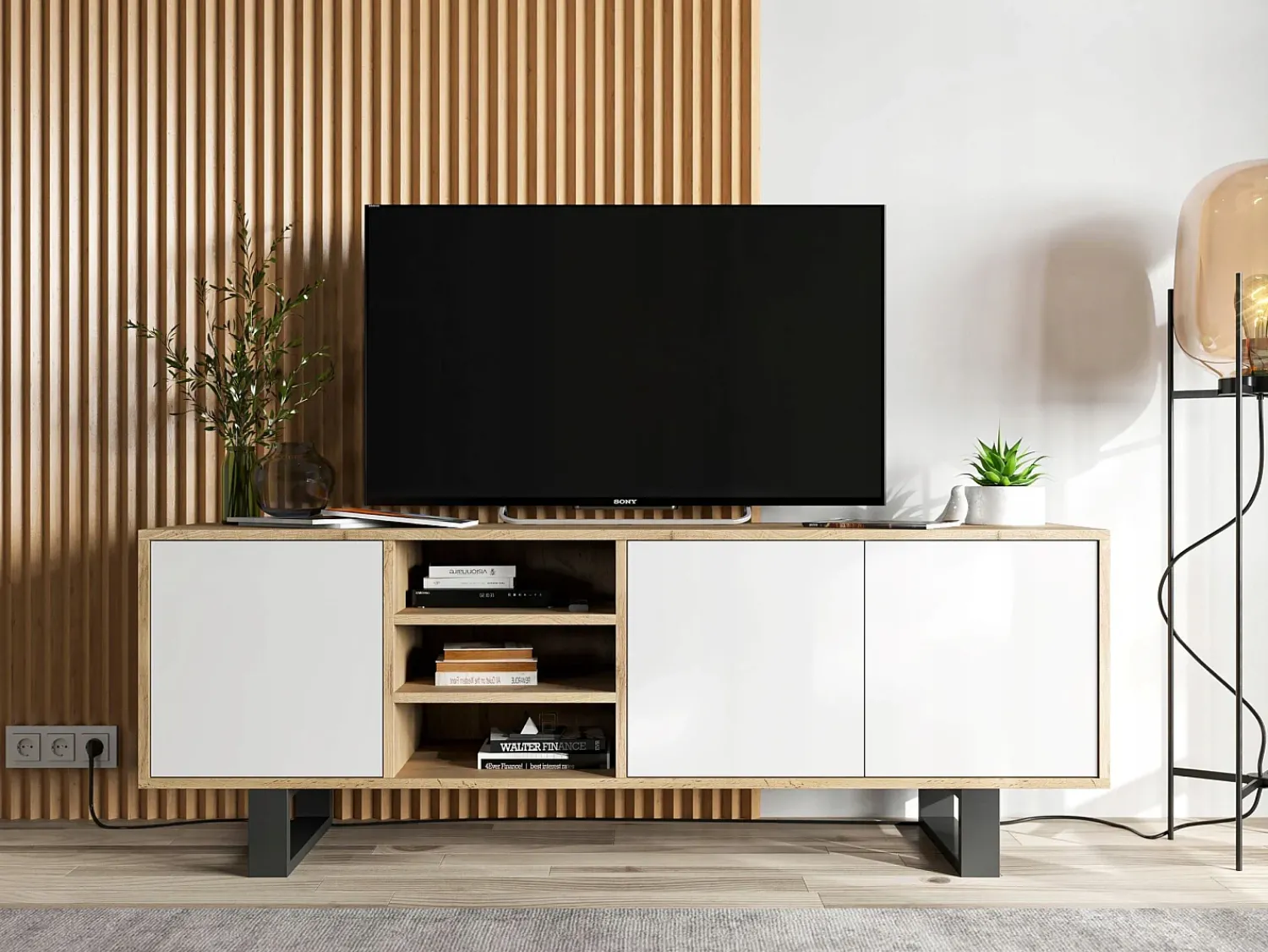 Clearance Móvel de TV com 3 portas e 1 nicho - corpo carvalho wotan frentes mate - 150 cm, pés de metal Branco