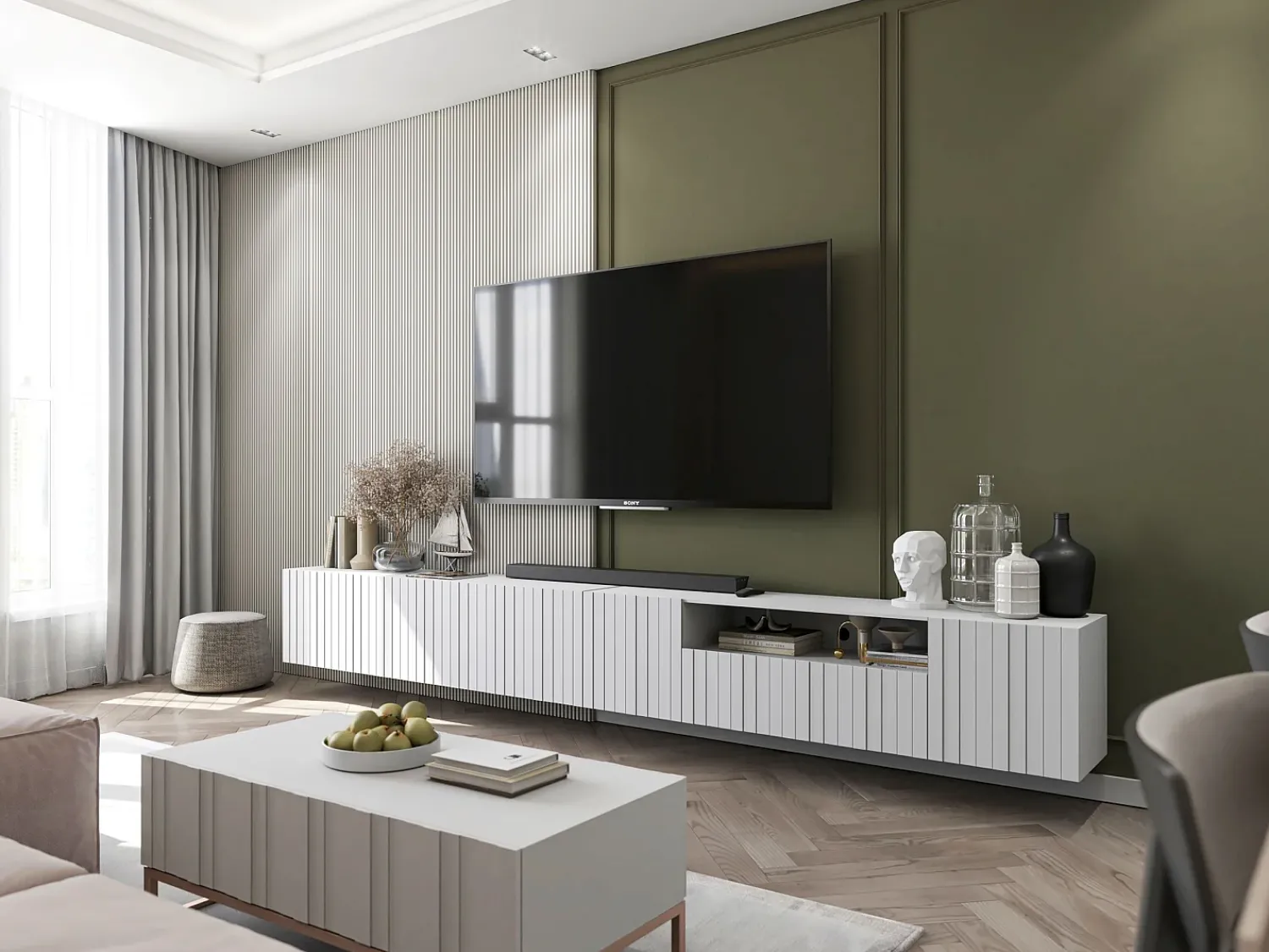 Móvel De Tv* Móvel de TV com 7 portas e nicho – corpo mate, fachadas caneladas mate – 300 cm Branco