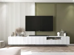 Móvel De Tv* Móvel de TV com 7 portas e nicho – corpo mate, fachadas caneladas mate – 300 cm Branco