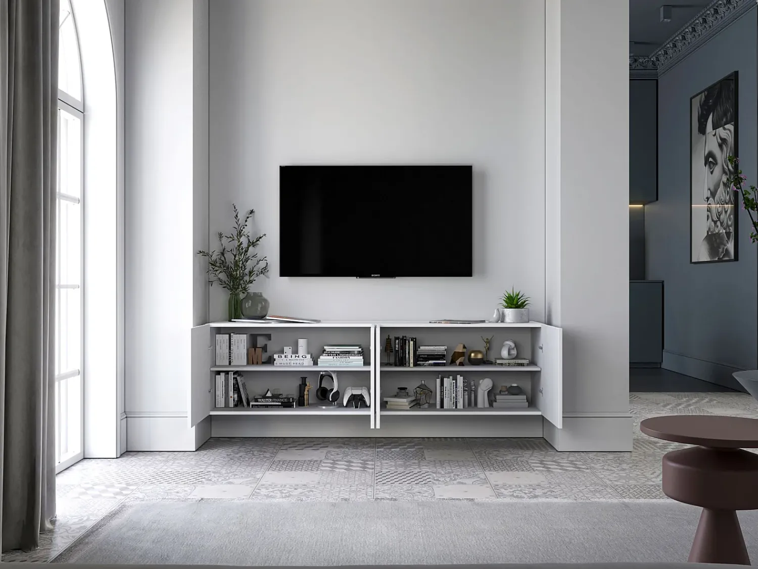 Móvel De Tv* Móvel de TV com 7 portas e nicho – corpo mate, fachadas caneladas mate – 300 cm Branco