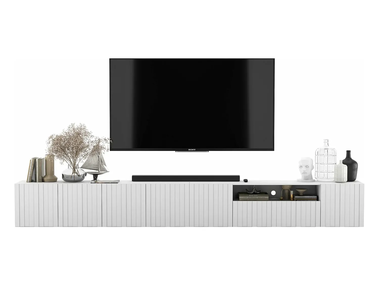 Móvel De Tv* Móvel de TV com 7 portas e nicho – corpo mate, fachadas caneladas mate – 300 cm Branco