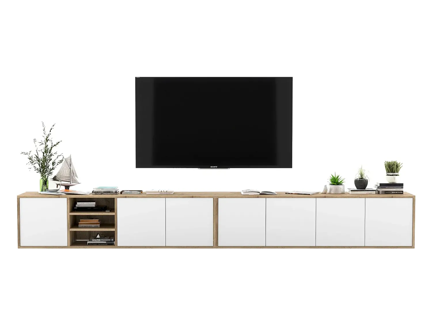 Móvel De Tv* Móvel de TV com 7 portas e 1 nicho - corpo carvalho wotan frentes mate - 300 cm Branco