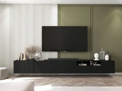 Outlet Móvel de TV com 7 portas e nicho – corpo mate, fachadas caneladas mate – 300 cm Preto