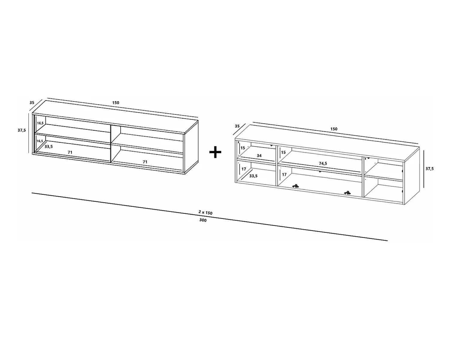 Outlet Móvel de TV com 7 portas e nicho – corpo mate, fachadas caneladas mate – 300 cm Preto