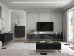 Outlet Móvel de TV com 7 portas e nicho – corpo mate, fachadas caneladas mate – 300 cm Preto