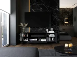 Outlet Móvel de TV com 7 portas e nicho – corpo mate, fachadas caneladas mate – 300 cm Preto